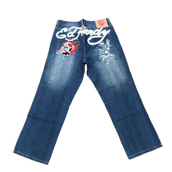RARE Ed Hardy By Christian Audigier Embroidered Jeans Size 40 Blue - Picture 4 of 10